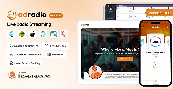 AdRadio - Live Radio Streaming Website and Apps with Admin Panel