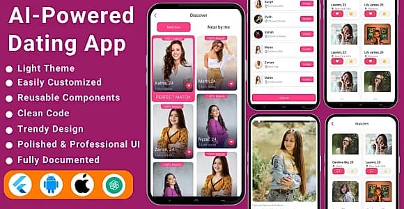 AI-Powered Dating Flutter App Template – Smart Matchmaking & Chat (Tinder-Like)