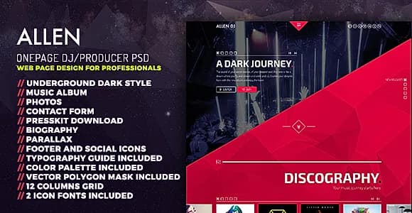 Allen: One Page PSD website template for DJ-Producer and Musicians