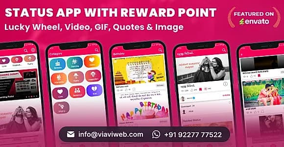 Android Status App With Reward Point (Lucky Wheel, Video, GIF, Quotes & Image)