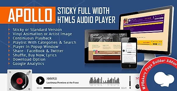 Apollo - Sticky Full Width HTML5 Audio Player for WPBakery Page Builder