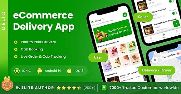 6 App Template| eCommerce Food Grocery Delivery App| Cab Booking| Peer to Peer Delivery App| DeliQ