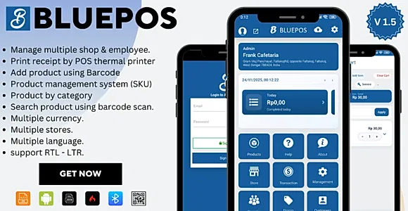 BluePOS - Android POS (SaaS, Offline/Online, Multi-Store, Role Access, API, Bluetooth Printer)