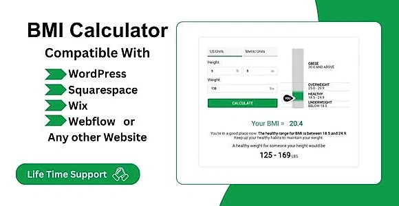 BMI Calculator - Health Calculator for Wordpress, Wix, Squarespace and Webflow Website.