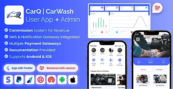 CarQ Car Wash Marketplace SAAS User Flutter App & Laravel Admin Panel