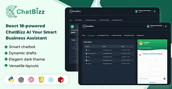ChatBizz - Advanced AI Support Chat Bot Plugin with React Js & Python