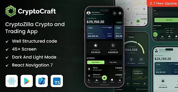CryptoCraft - React Native CLI Cryptocurrency Mobile App Template