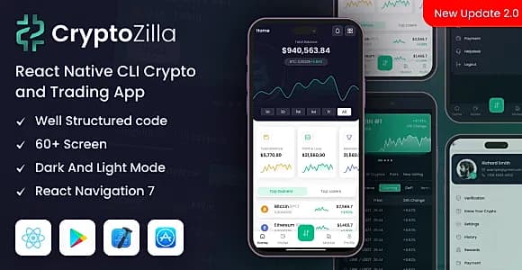 CryptoZilla - React Native CLI Cryptocurrency Mobile App Template