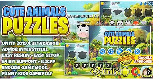 Cute Animal Puzzle Kids : Unity3D + Admob Ads + Easy Reskin