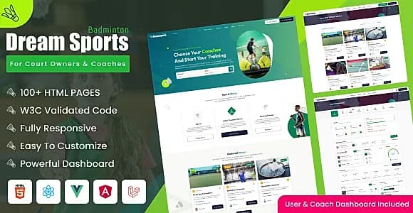 Dream Sports - Turf, Venue & Coach Booking Sports Template (React, HTML, Angular, Laravel)