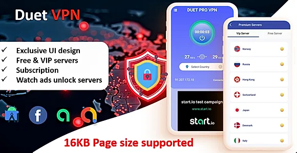 Duet Pro VPN App | Secure VPN App & Fast VPN | Subscription | StartApp Ads | Facebook & Admob Ads