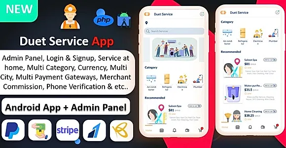 Duet Service App | On Demand Service | Service At Home | Service | Payment Gateways with Admin Panel