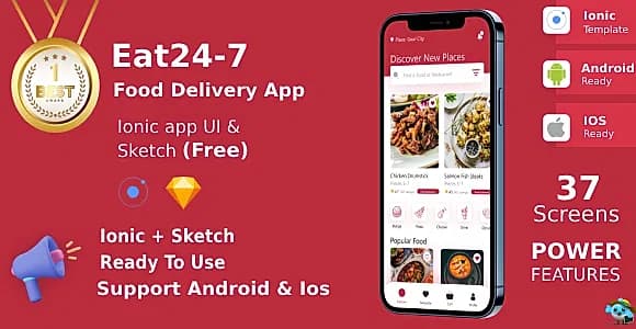 Eat 24/7 ANDROID + IOS | UI Kit | Ionic | Food Delivery App | Free Sketch File