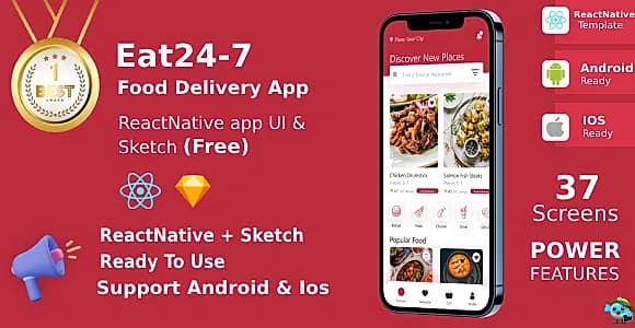 Eat 24/7 ANDROID + IOS | UI Kit | Reactnative | Food Delivery App | Sketch