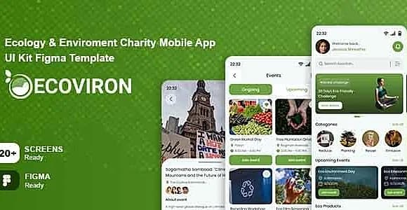 Ecoviron -  Ecology & Enviroment Charity Mobile App UI Kit Figma Template