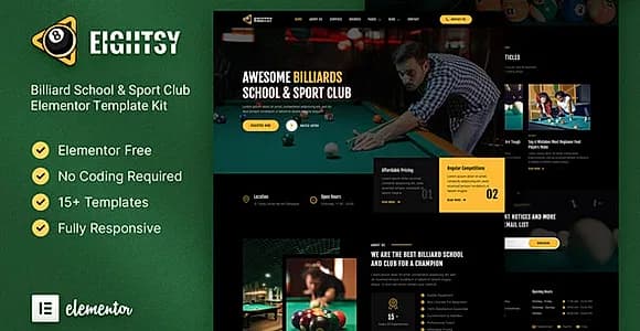 Eightsy - Billiard School & Sport Club Elementor Template Kit