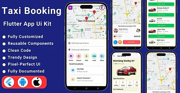 FlyCab | Taxi Booking Flutter App UI Kit | Flutter Taxi App UI Template