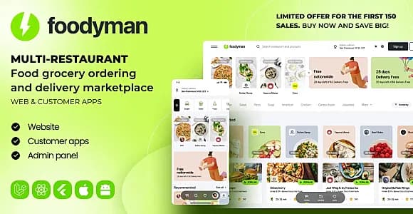 Foodyman - Multi-Restaurant Food Ordering and Delivery Marketplace (Web & Customer Apps)