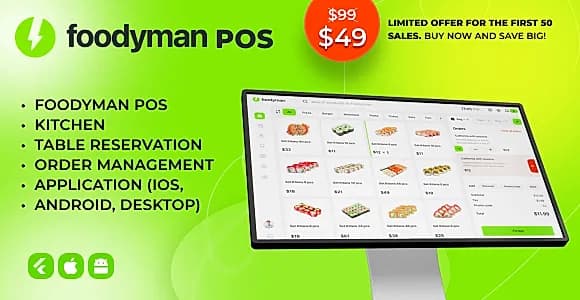 Foodyman Multi-Restaurant POS + Kitchen + Table Reserv + Order Mgmt + Waiter (iOS, Android, Desktop)