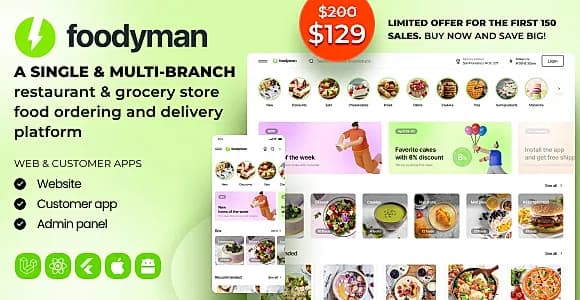 Foodyman - Single (Multi-Branch) Restaurant & Grocery Food Ordering & Delivery Platform