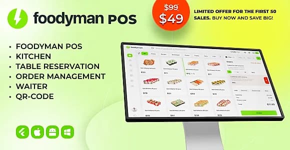 Foodyman - Single Restaurant POS + Kitchen  + QR menu +Table Reserv + Waiter (iOS, Android, Desktop)