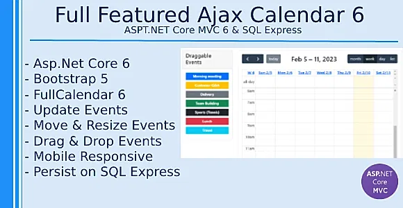 Full Featured Ajax Calendar 6 - ASP.NET Core - SQL Express