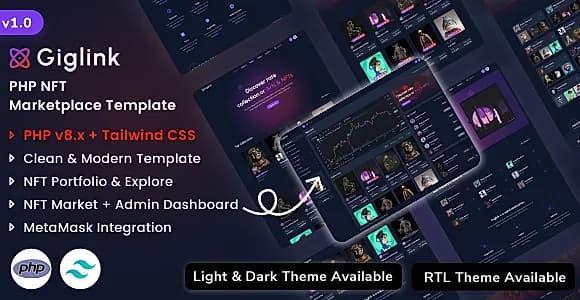 Giglink - PHP NFT Marketplace Landing + Admin Dashboard Template