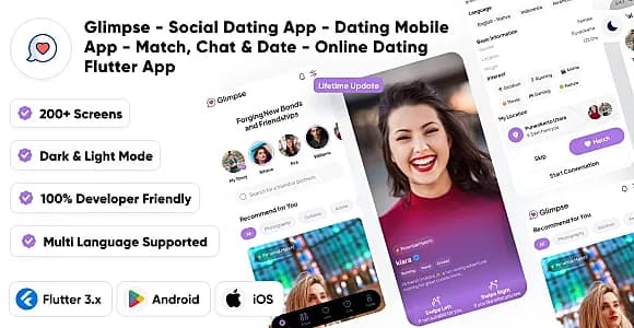 Glimpse - Social Dating App - Dating Mobile App - Match, Chat & Date - Online Dating Flutter App
