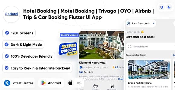 GoHotel - Hotel Booking | Motel Booking | Trivago | OYO | Airbnb | Trip & Car Booking Flutter UI App