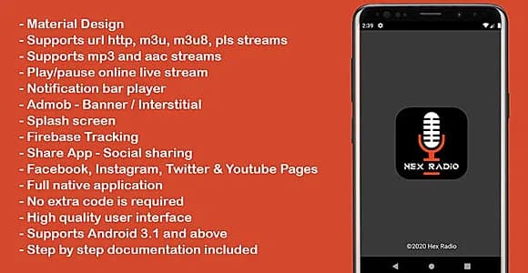 Hex Radio - Single Online Radio Player App for Android with Admob