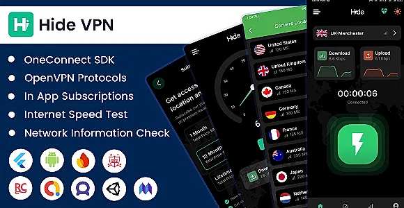 Hide VPN – Flutter Android VPN App Source Code With OneConnect Servers.
