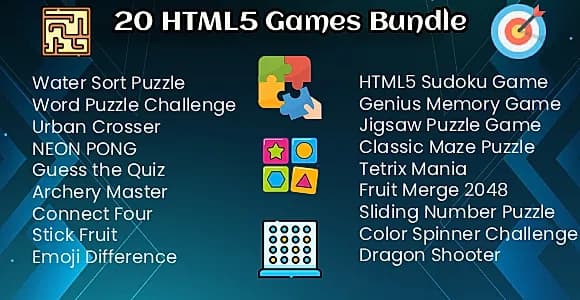 20 HTML5 Games Bundle - Puzzle - Kids game - Sports games
