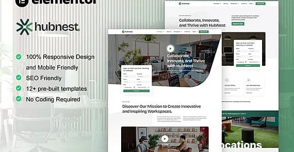 Hubnest - Coworking Space & Virtual Office Elementor Pro Template Kit
