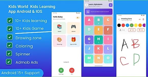 Kids World Flutter app for kids learn drawing & Games with Admob