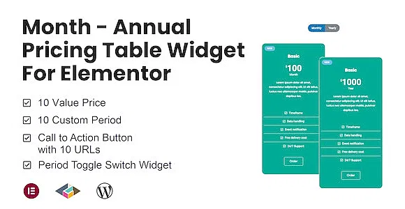Month - Annual Pricing Table Widget For Elementor WordPress Plugin