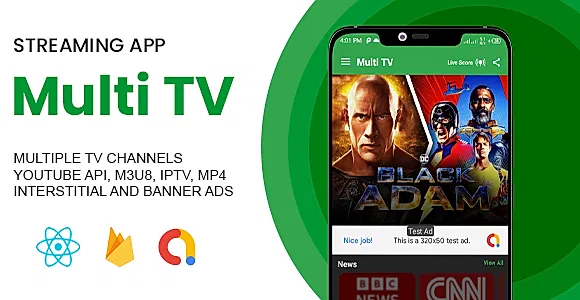 Multi TV Live Streaming App with IPTV, m3u8 & Youtube Player (admob & facebook ads)