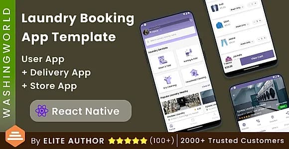 Multi Vendor Laundry Booking App Template | Laundry Delivery App | React Native | 3 Apps