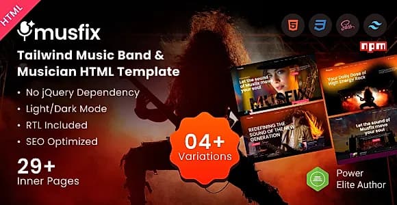 Musfix – Tailwind Music Band & Musician HTML Template