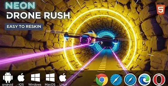 Neon Drone Rush – 3D Tunnel Endless Runner HTML5 Game (Three.js)