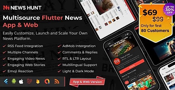 News Hunt - Flutter News app for Android and iOS with Laravel Admin Panel