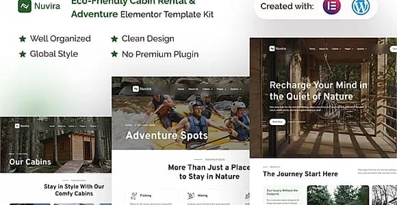 Nuvira - Eco-Friendly Cabin Rental & Adventure Elementor Template Kit