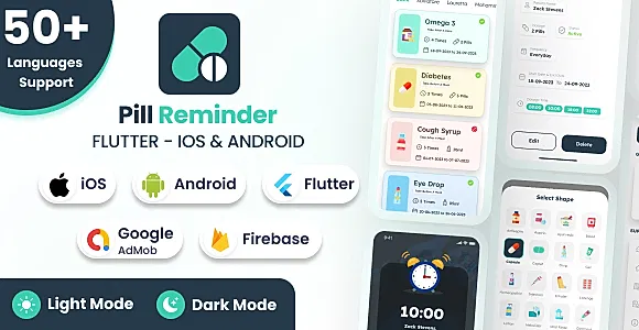 Pill Mode | Pill Reminder - Flutter Android & iOS Full App + Light + Dark Mode (53 Languages)