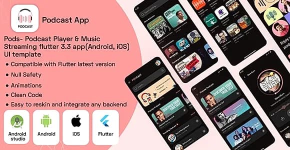 Pods- Podcast Player & Music Streaming flutter 3.3 app(Android, iOS) UI template
