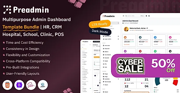 Preadmin Pro - Complete Admin Dashboard Bundle for HR, POS, CRM & School