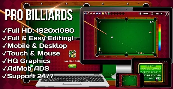 Pro Billiards - HTML5 Game + Mobile Version! (Construct 3 | .c3p)