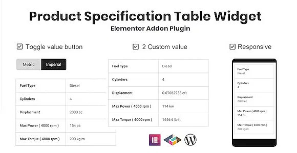 Product Specification Table Widget For Elementor WordPress Plugin