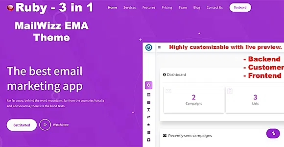 Ruby - 3 in 1 Mailwizz Modern Customizable Theme with Landing Page