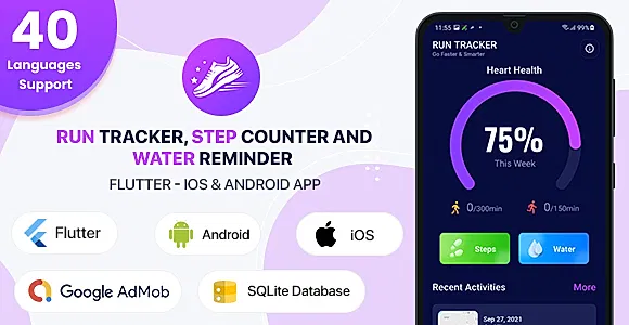 Run Tracker, Step Counter and Water Reminder - Flutter Android & iOS App (40 Languages)
