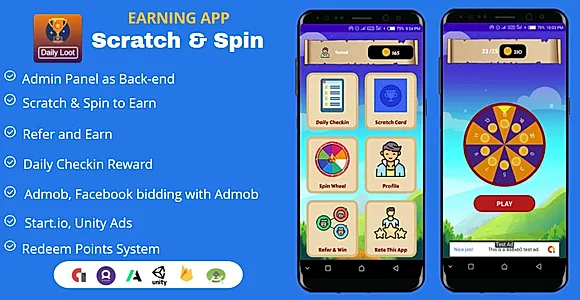 Scratch & Spin to Win Android App with Earning System (Admob, Facebook bidding, StartApp, Unity Ads)