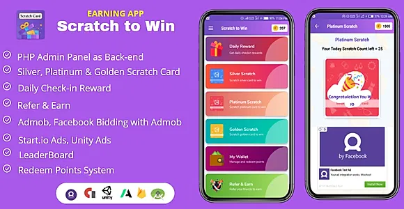 Scratch to Win Android Earning App (Admob, Facebook bidding, StartApp, Unity Ads)